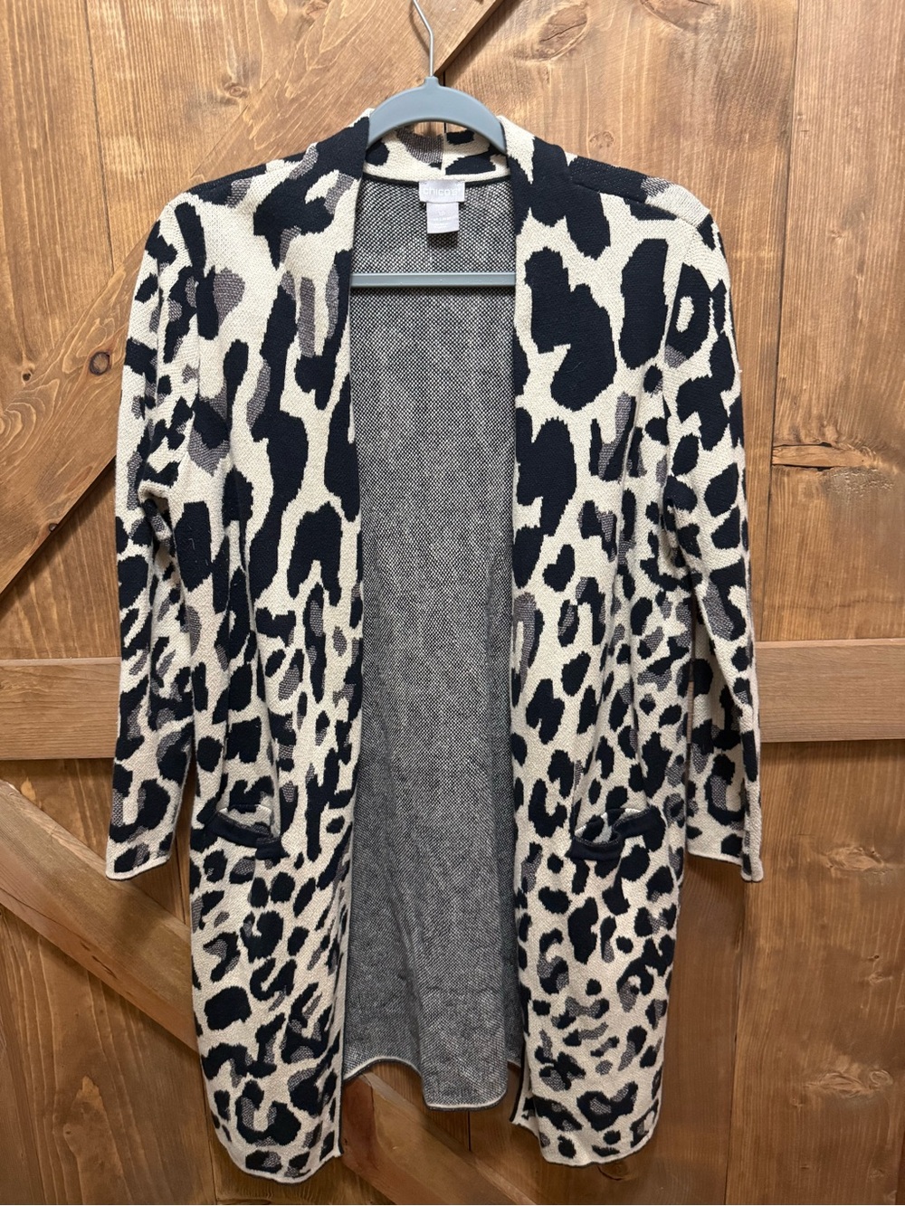 Chico's Black and Cream Leopard-Print Open Cardigan
